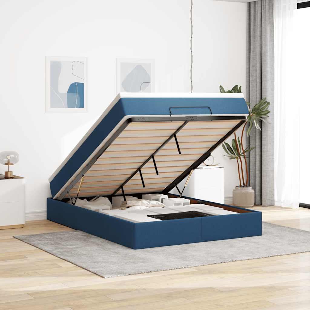 Estrutura de cama otomana com colchão tecido azul 140x200cm