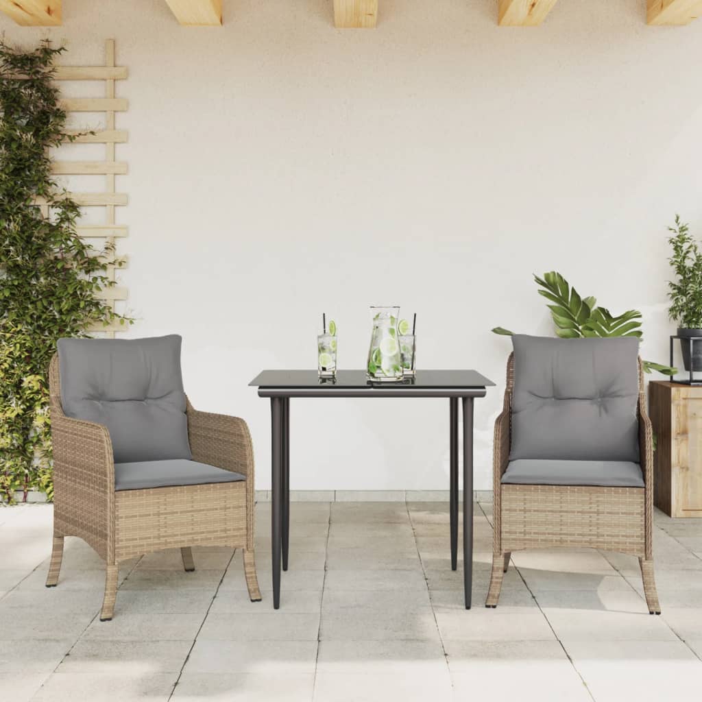 3 Pcs conjunto de jantar p/ jardim com almofadões vime PE bege