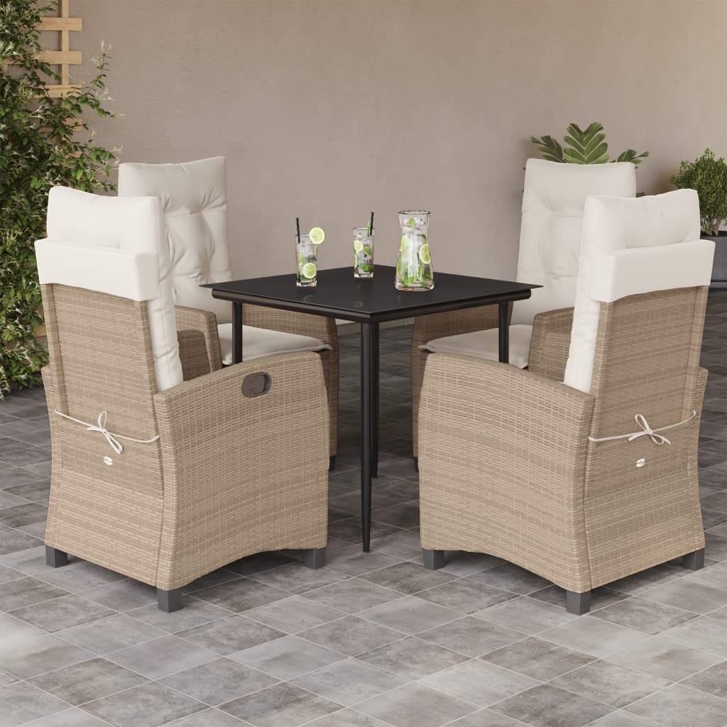 5 Pcs conjunto de jantar p/ jardim com almofadões vime PE bege