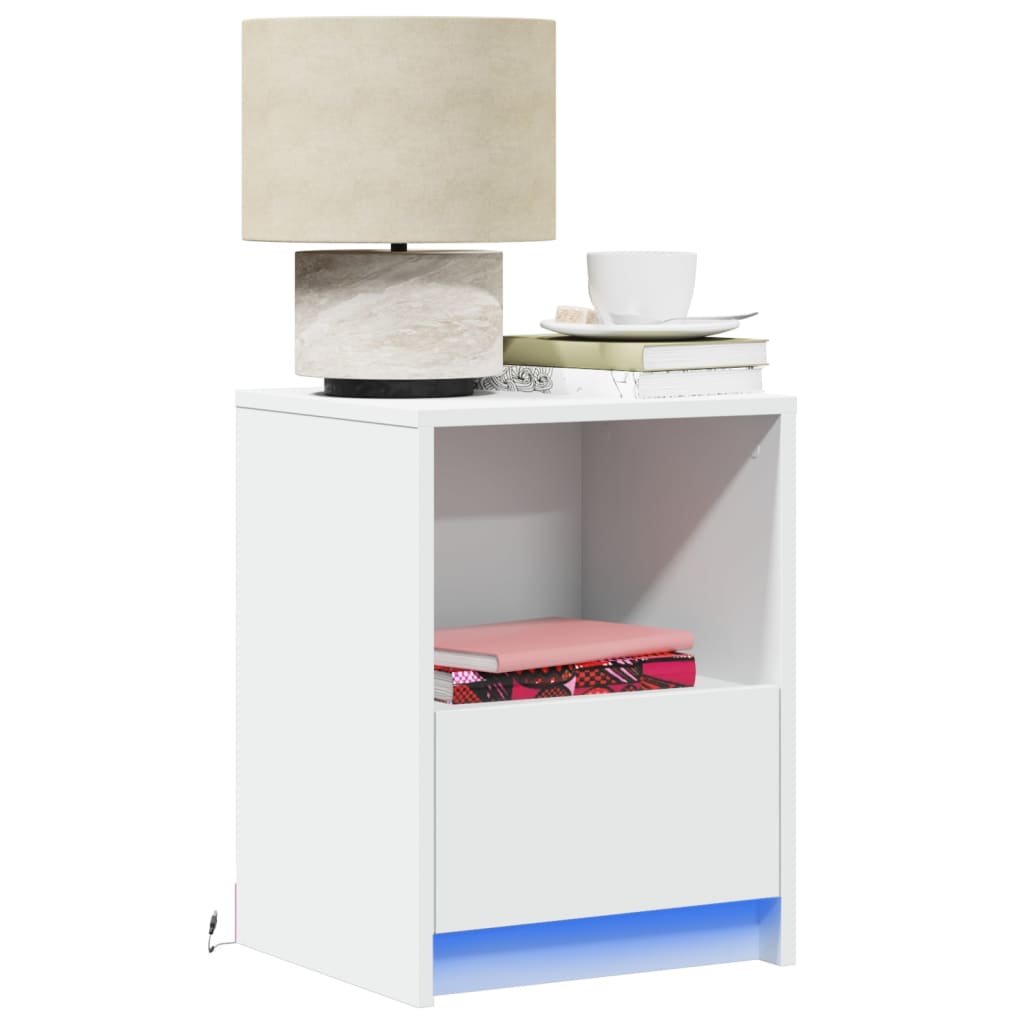 Mesa de cabeceira com luzes LED derivados de madeira branco