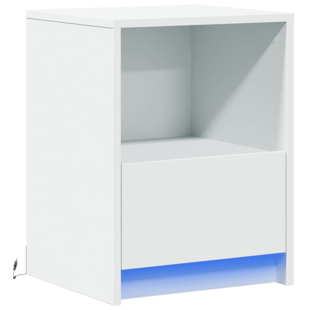 Mesa de cabeceira com luzes LED derivados de madeira branco