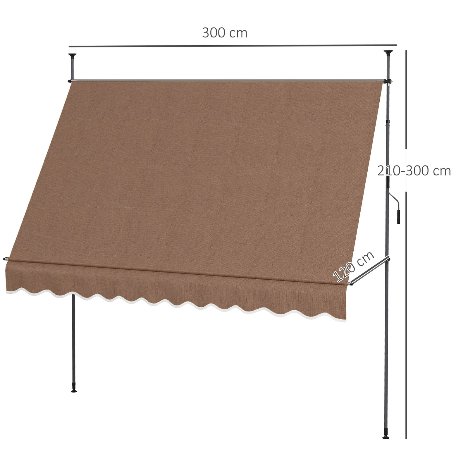 Toldo manual retrátil com manivela 300x120x210-300 cm com altura ajustável impermeável para jardim varanda marrom