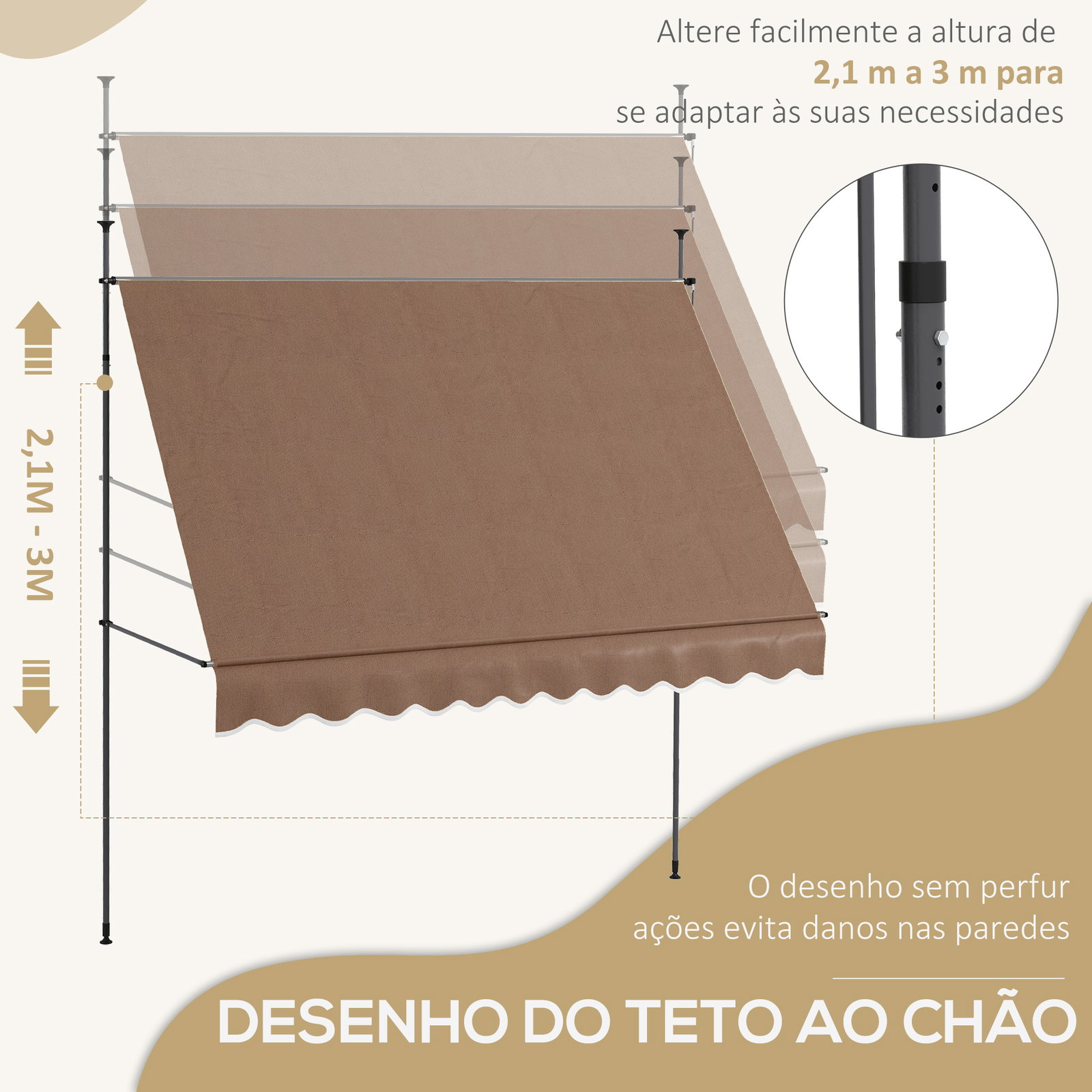 Toldo manual retrátil com manivela 300x120x210-300 cm com altura ajustável impermeável para jardim varanda marrom