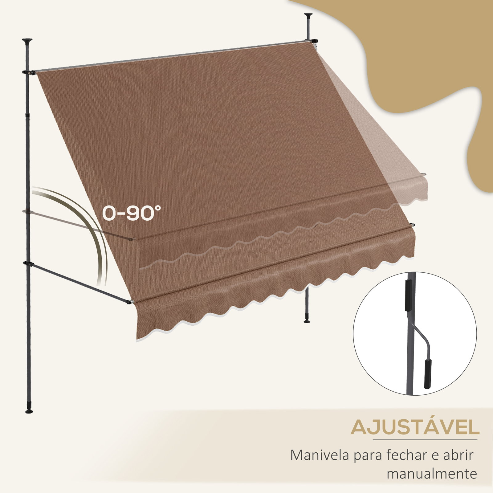 Toldo manual retrátil com manivela 300x120x210-300 cm com altura ajustável impermeável para jardim varanda marrom