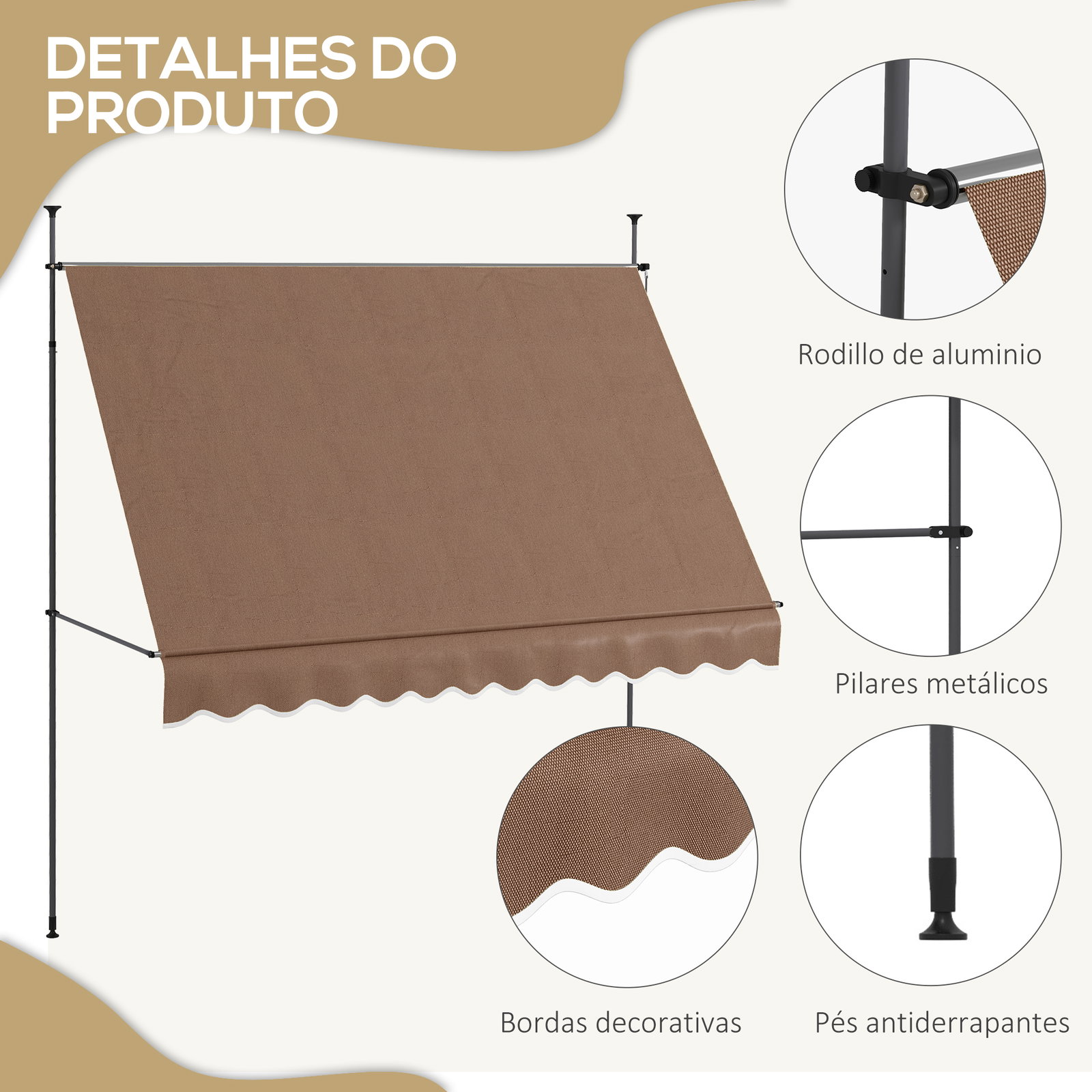 Toldo manual retrátil com manivela 300x120x210-300 cm com altura ajustável impermeável para jardim varanda marrom