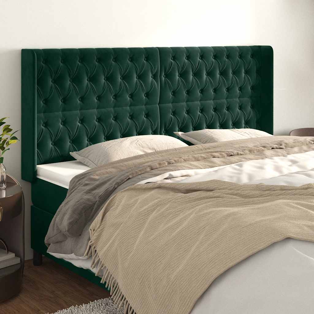 Cabeceira cama c/ abas veludo 203x16x118/128 cm verde-escuro