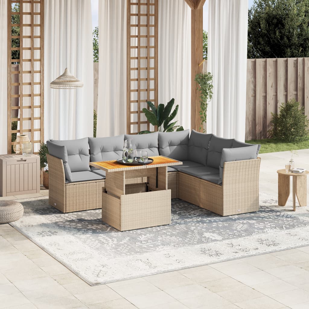 7 Pcs conjunto de sofás p/ jardim com almofadões vime PE bege