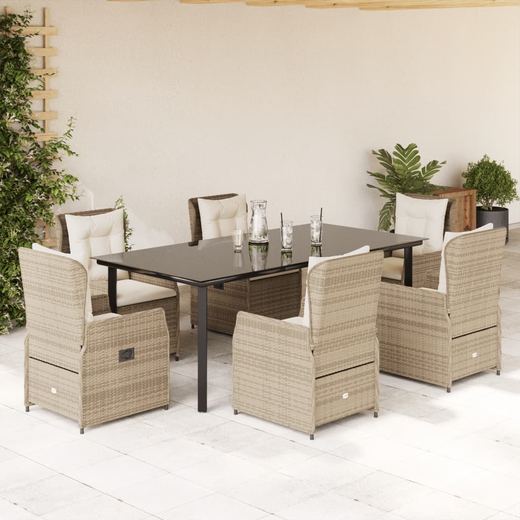 7 Pcs conjunto de jantar p/ jardim com almofadões vime PE bege
