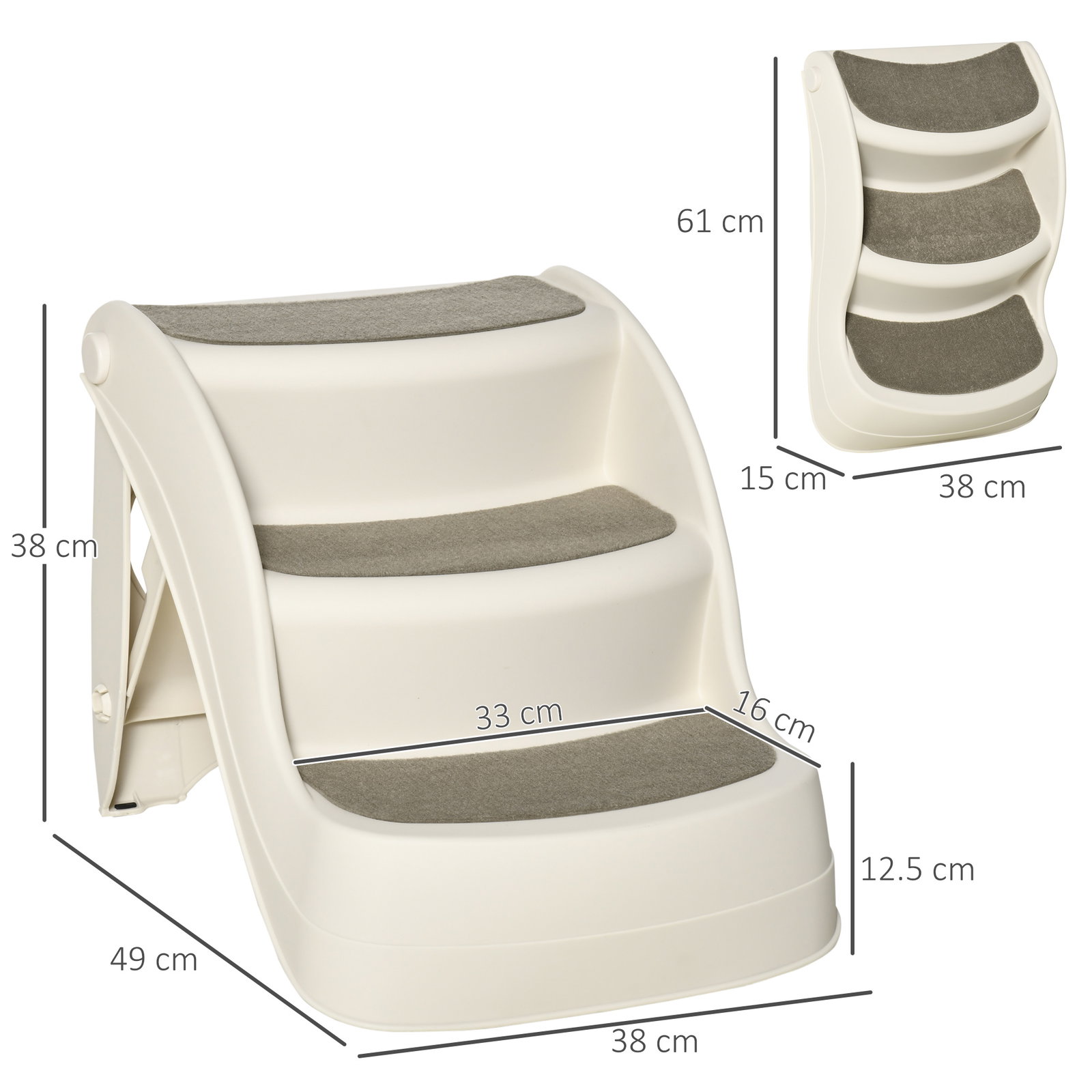 Escada para cães de 3 degraus dobrável escada para animais de estimação com tapetes antiderrapantes 49x38x38cm creme