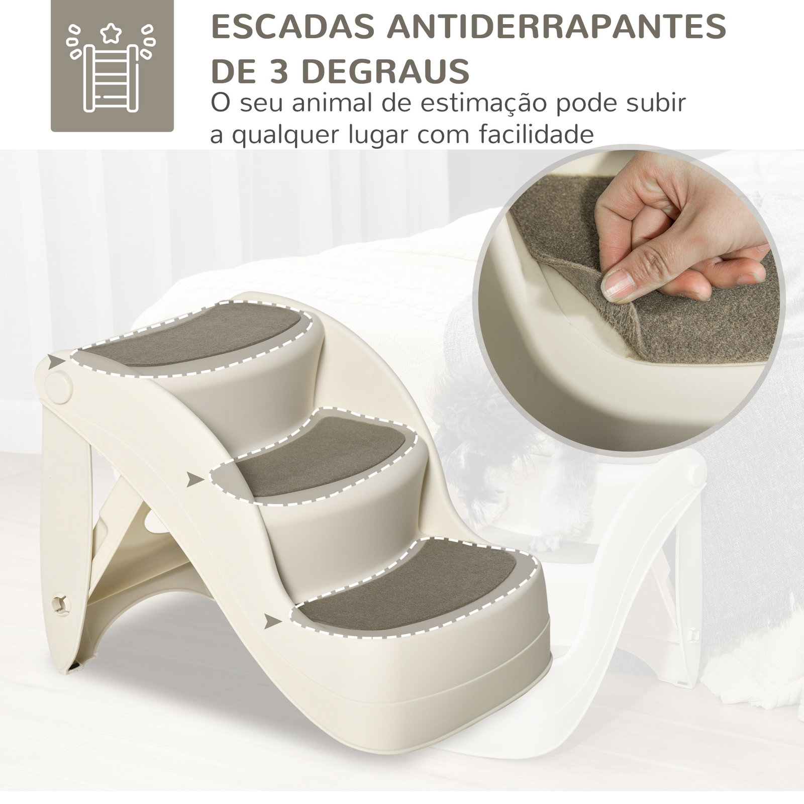 Escada para cães de 3 degraus dobrável escada para animais de estimação com tapetes antiderrapantes 49x38x38cm creme