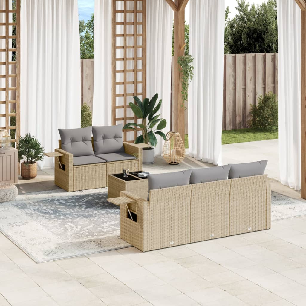 6 Pcs conjunto de sofás p/ jardim com almofadões vime PE bege