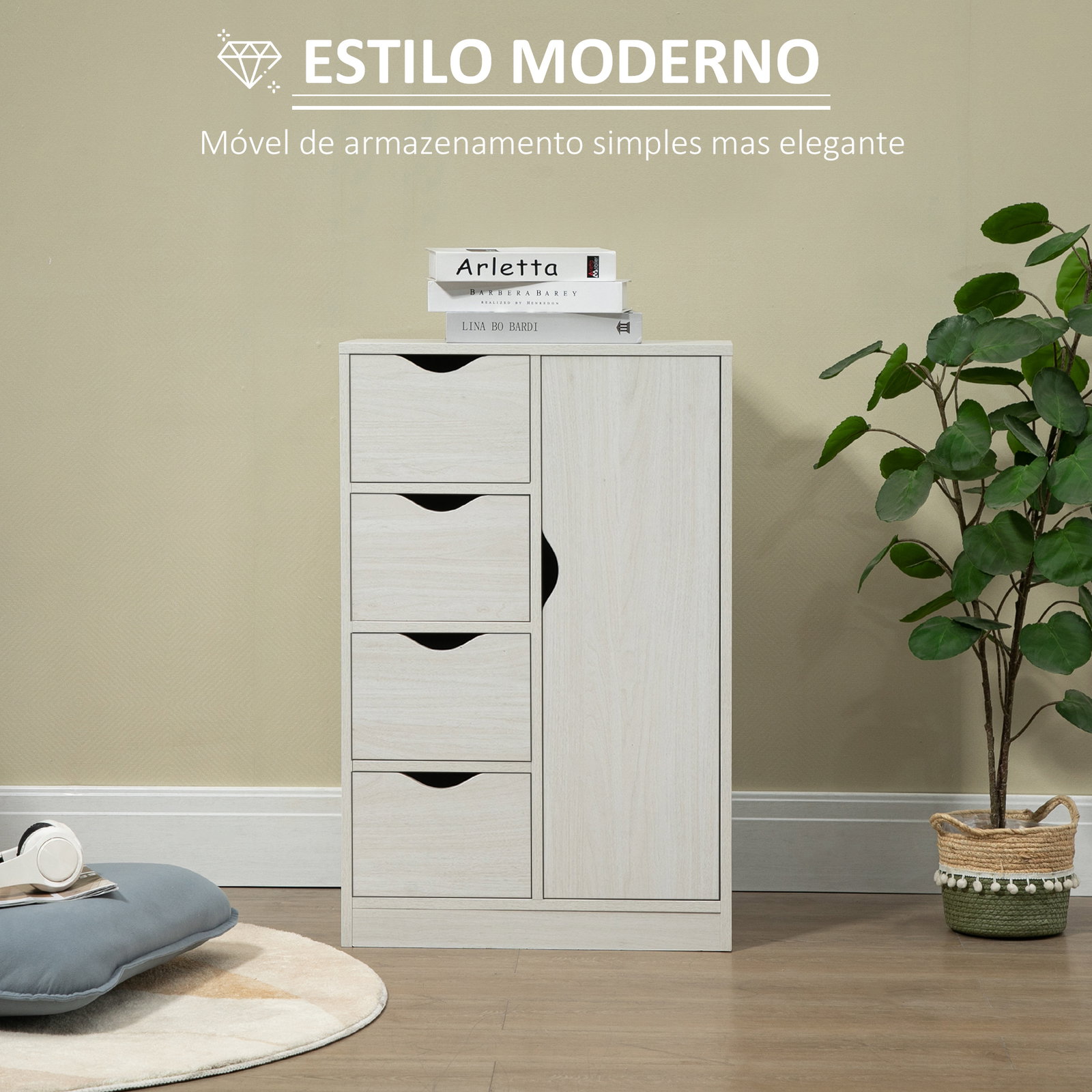 Armário de Sala de Estar Aparador Auxiliar com 4 Gavetas 1 Armário e Prateleira Inferior Móvel de Armazenamento 54x29x83cm Branc