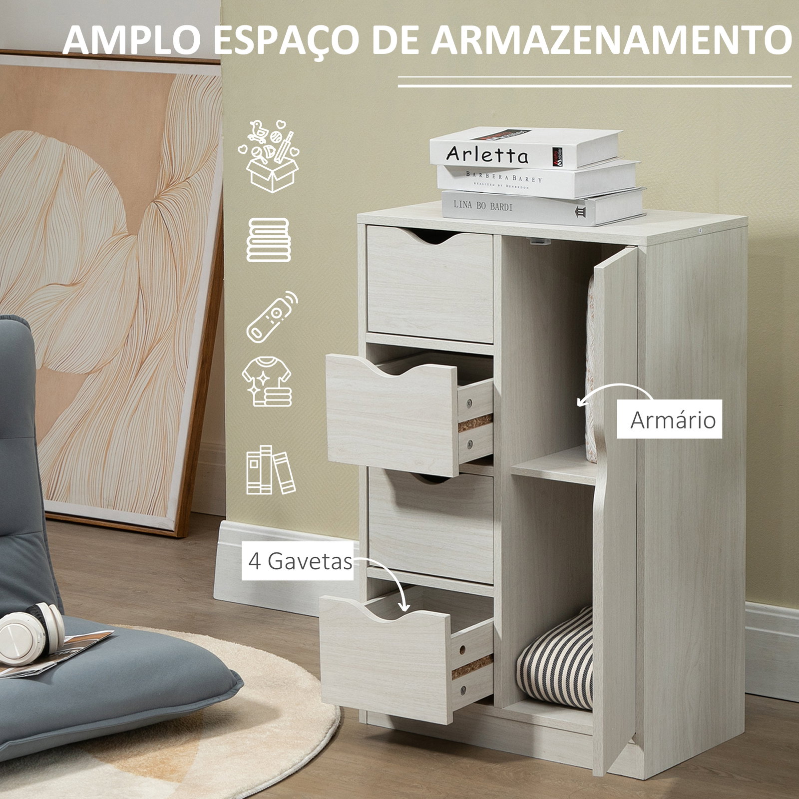 Armário de Sala de Estar Aparador Auxiliar com 4 Gavetas 1 Armário e Prateleira Inferior Móvel de Armazenamento 54x29x83cm Branc