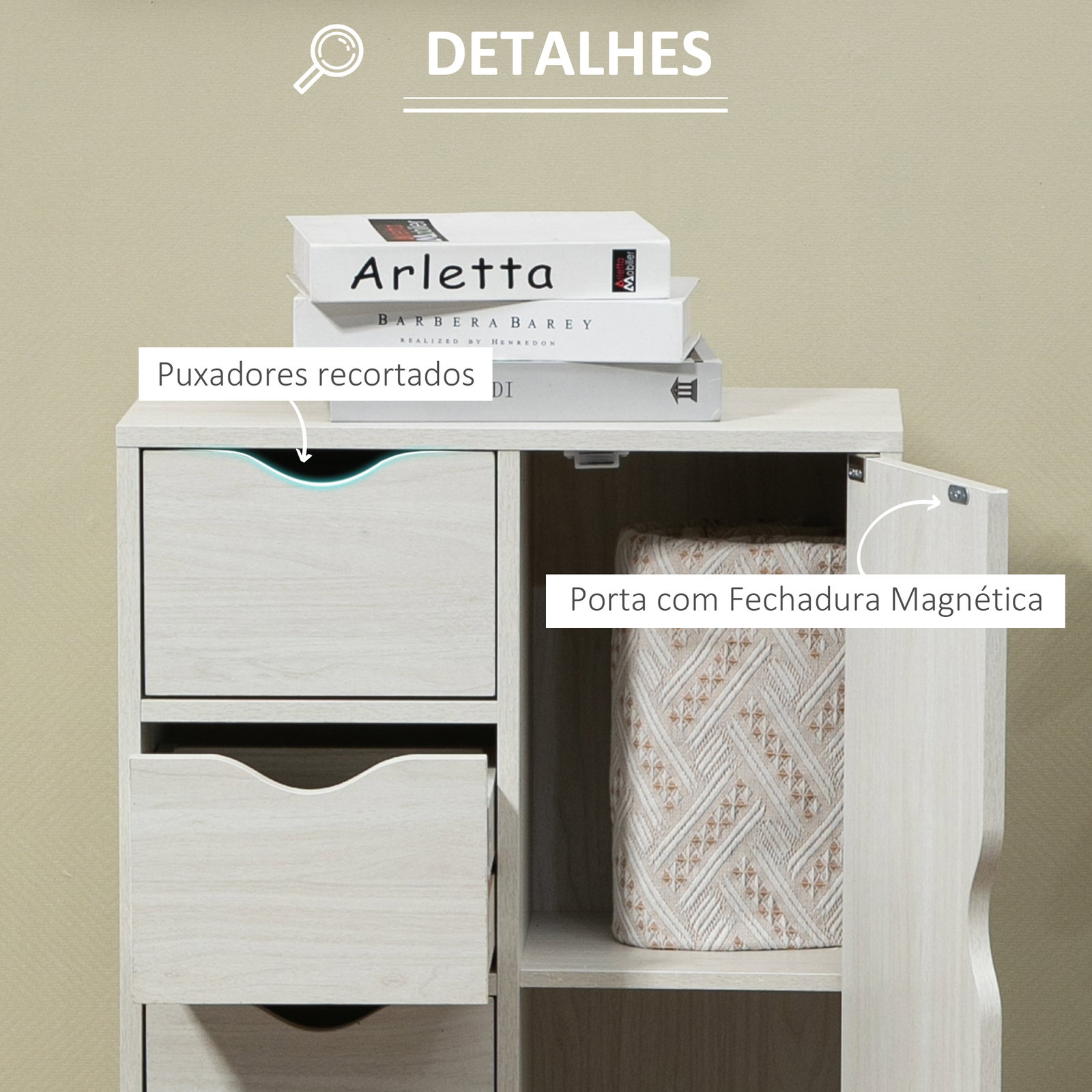 Armário de Sala de Estar Aparador Auxiliar com 4 Gavetas 1 Armário e Prateleira Inferior Móvel de Armazenamento 54x29x83cm Branc