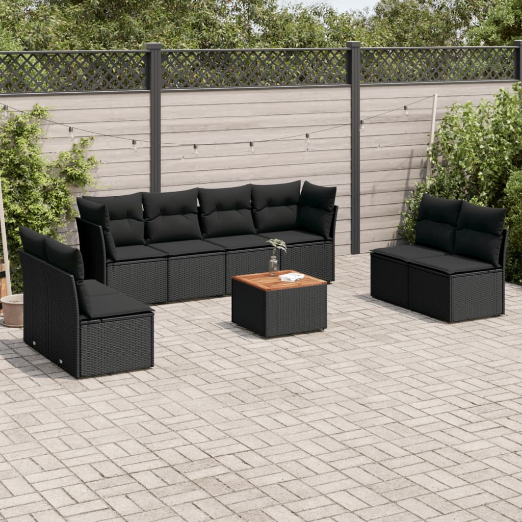 9 Pcs conjunto de sofás p/ jardim c/ almofadões vime PE preto