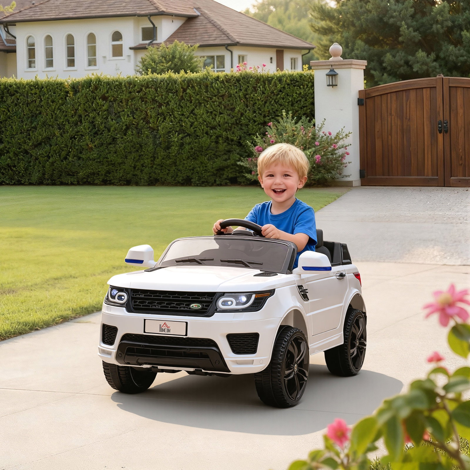 Carro elétrico suv infantil 12v com 2 motores controlo remoto faróis buzina bluetooth música USB e abertura de porta 3-5km/h 110x68x52cm branco