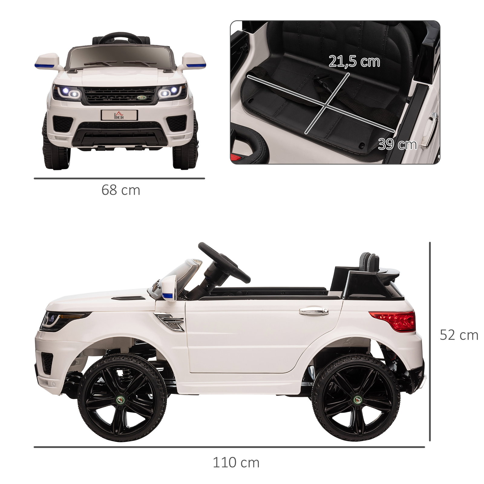 Carro elétrico suv infantil 12v com 2 motores controlo remoto faróis buzina bluetooth música USB e abertura de porta 3-5km/h 110x68x52cm branco