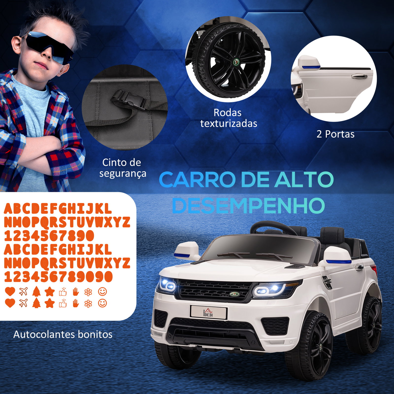 Carro elétrico suv infantil 12v com 2 motores controlo remoto faróis buzina bluetooth música USB e abertura de porta 3-5km/h 110x68x52cm branco
