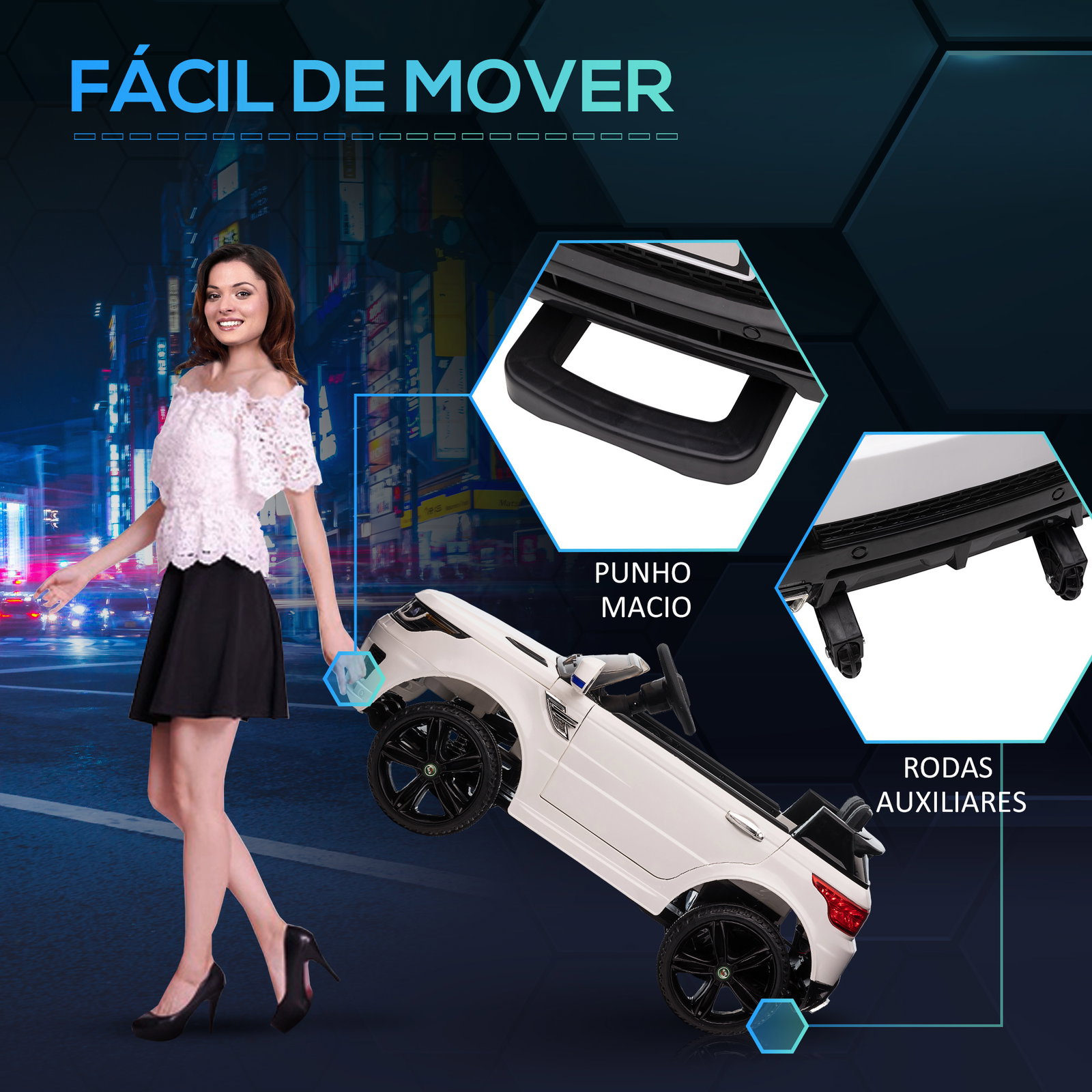 Carro elétrico suv infantil 12v com 2 motores controlo remoto faróis buzina bluetooth música USB e abertura de porta 3-5km/h 110x68x52cm branco