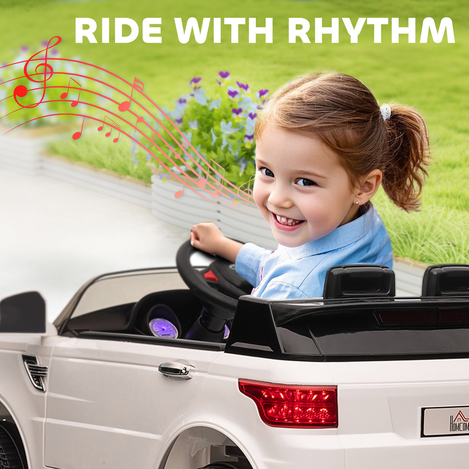 Carro elétrico suv infantil 12v com 2 motores controlo remoto faróis buzina bluetooth música USB e abertura de porta 3-5km/h 110x68x52cm branco