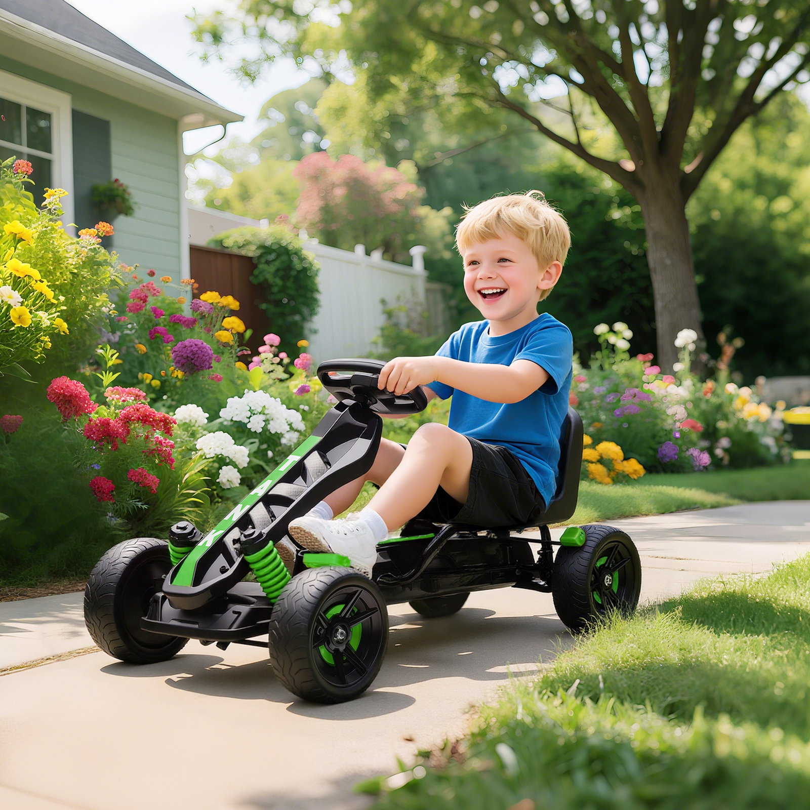 Kart a pedais para crianças com embraiagem automática travão e rodas antiderrapantes em eva 100x59x60,5 cm verde