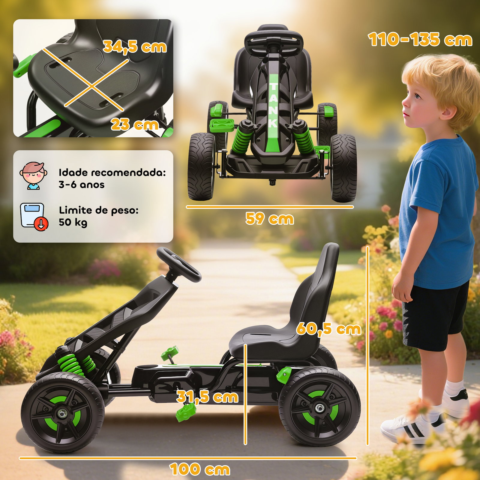 Kart a pedais para crianças com embraiagem automática travão e rodas antiderrapantes em eva 100x59x60,5 cm verde