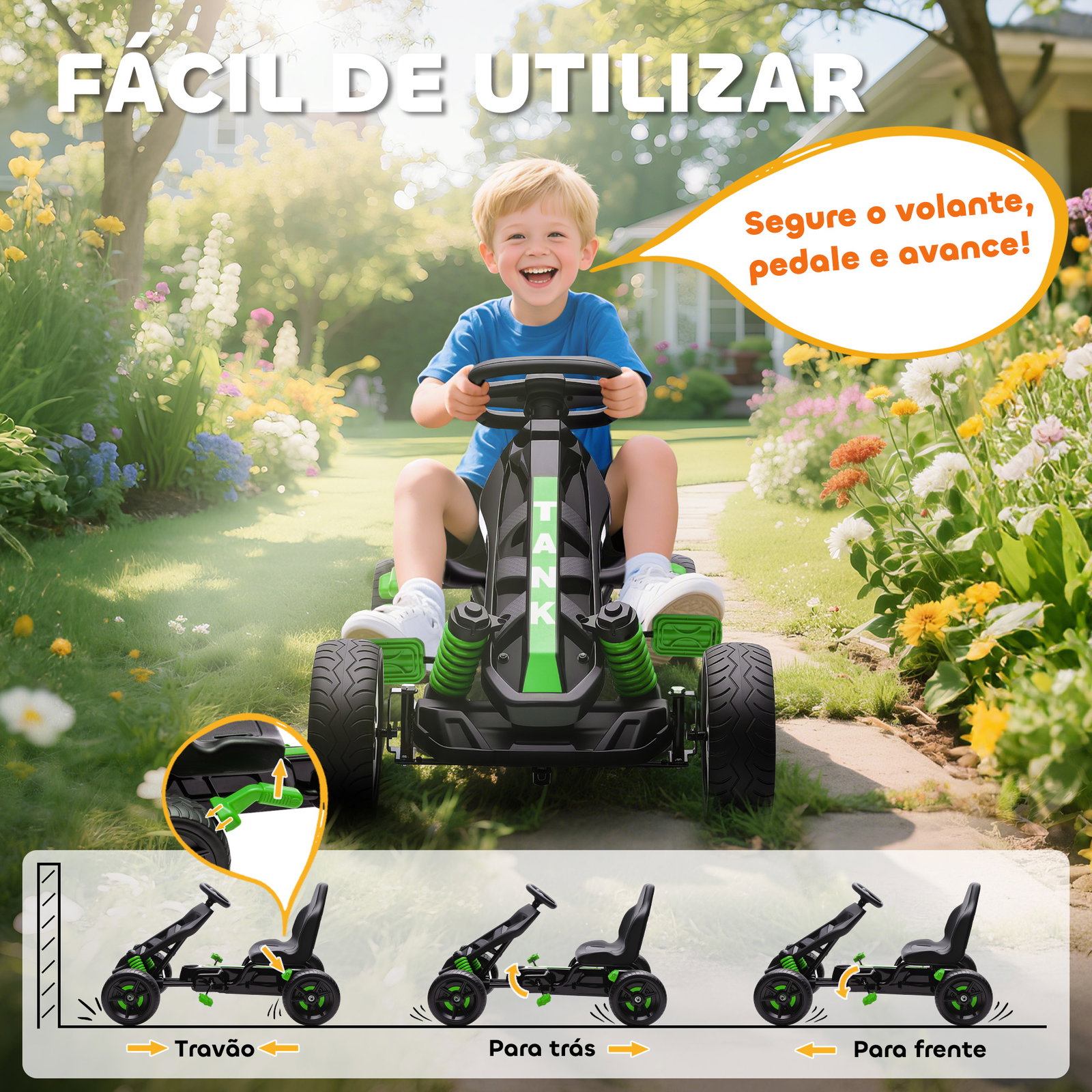 Kart a pedais para crianças com embraiagem automática travão e rodas antiderrapantes em eva 100x59x60,5 cm verde