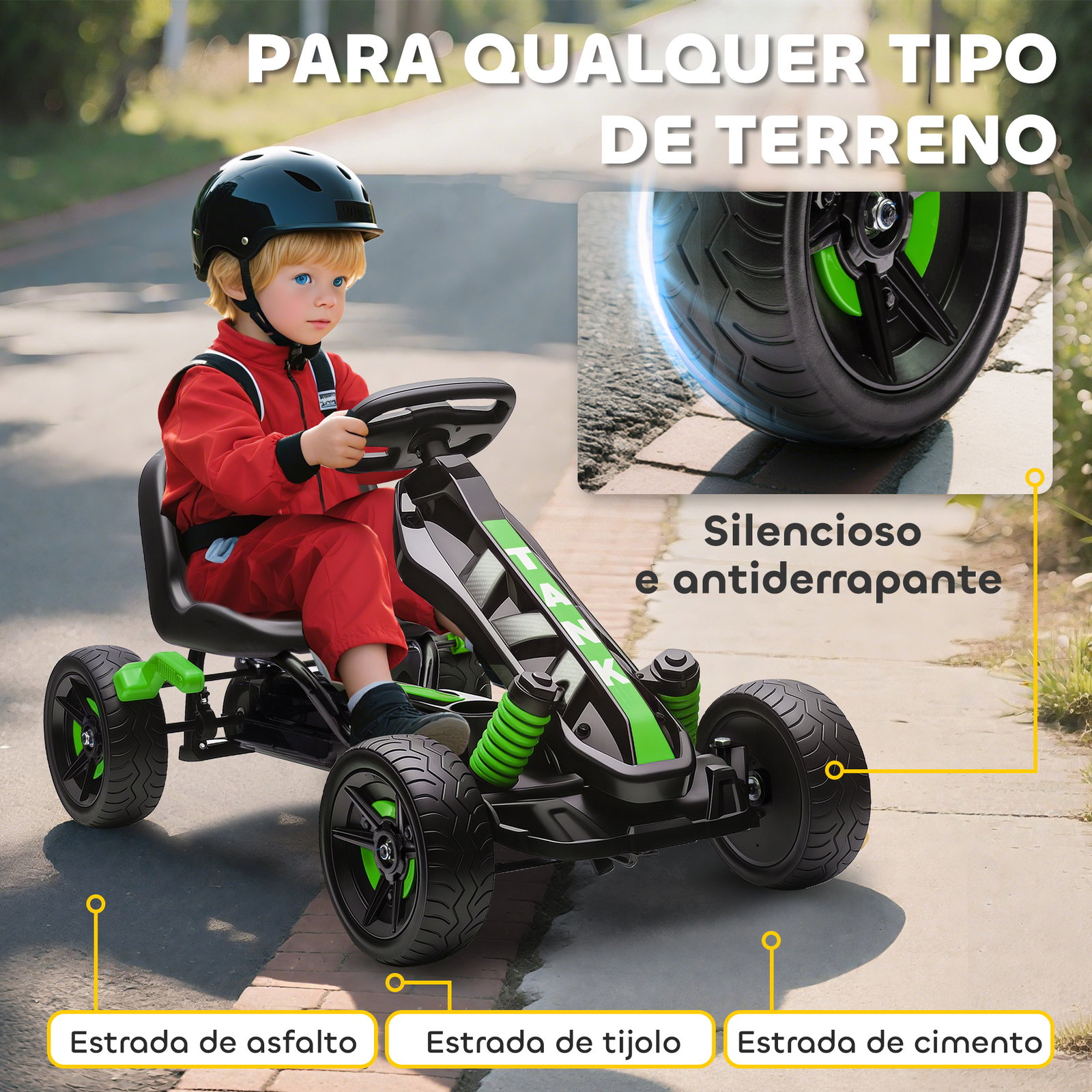 Kart a pedais para crianças com embraiagem automática travão e rodas antiderrapantes em eva 100x59x60,5 cm verde