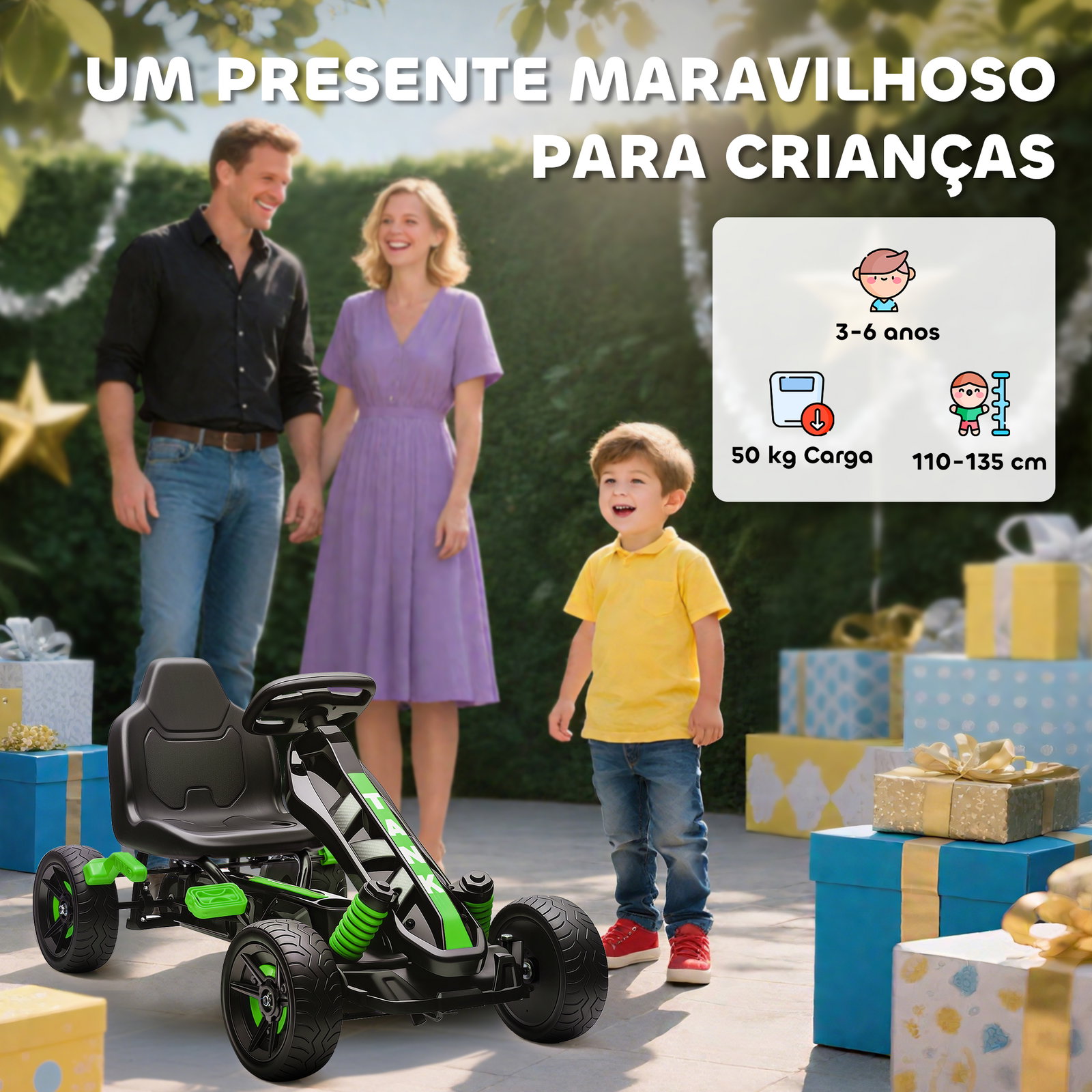 Kart a pedais para crianças com embraiagem automática travão e rodas antiderrapantes em eva 100x59x60,5 cm verde
