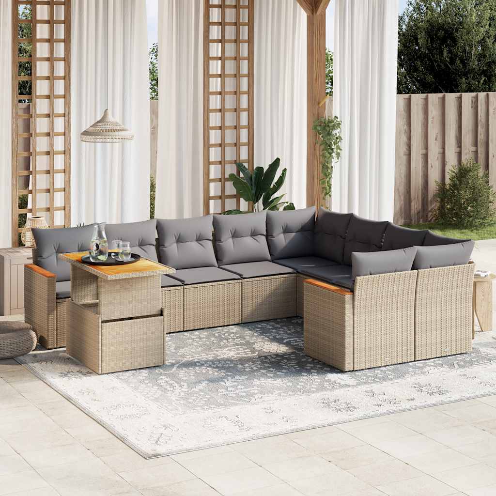 10 Pcs conjunto de sofás p/ jardim com almofadões vime PE bege