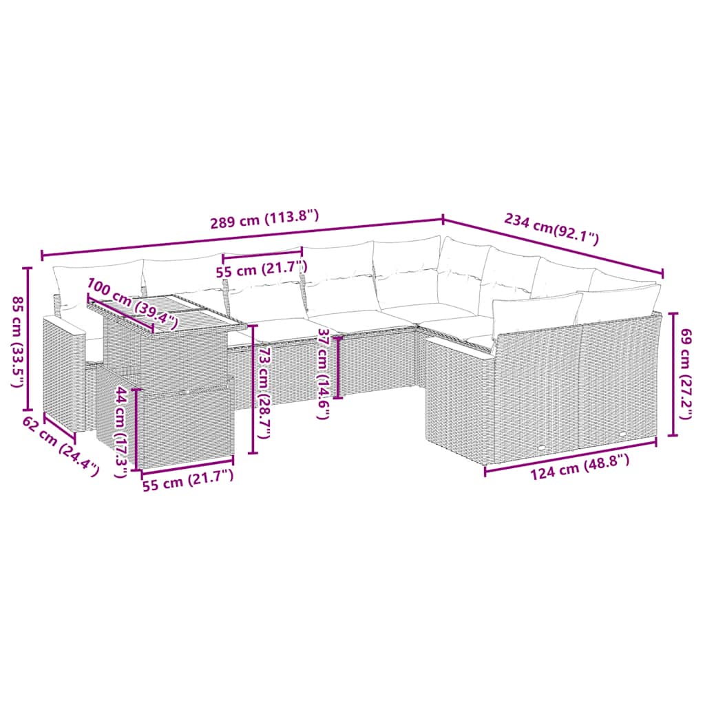 10 Pcs conjunto de sofás p/ jardim com almofadões vime PE bege