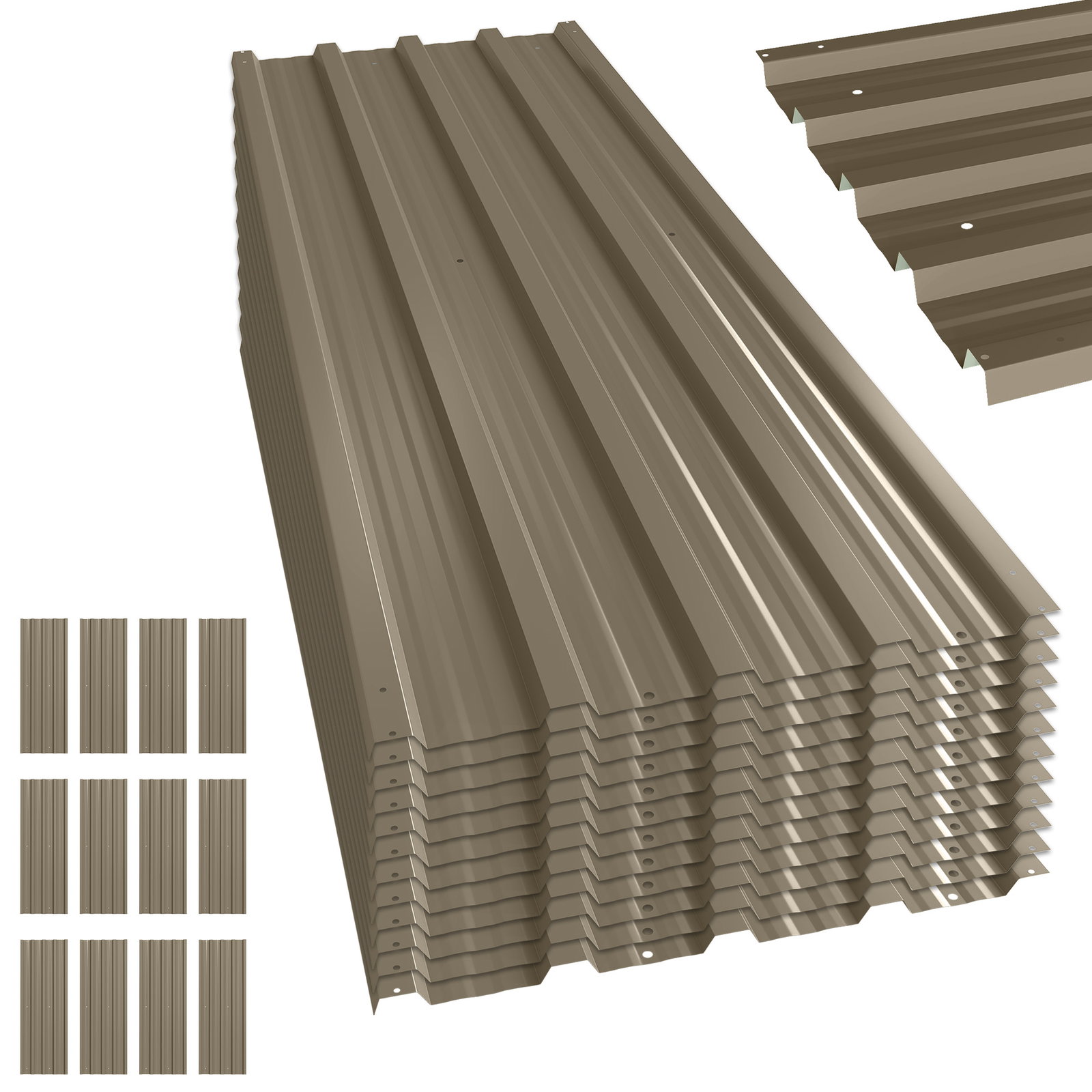 Conjunto de 12 painéis para telhado de aço galvanizado 7 m² para abrigos e garagens 129x45 cm castanho