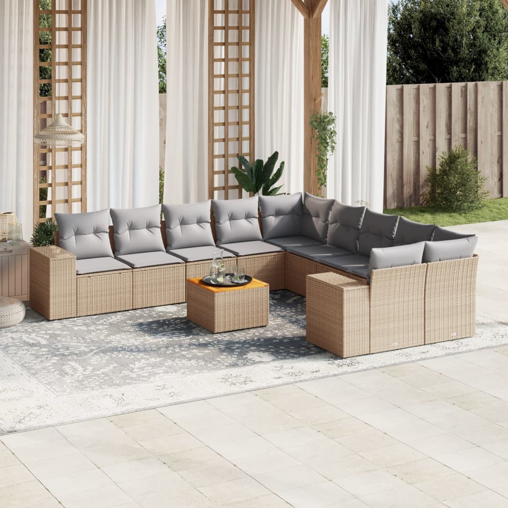 11 Pcs conjunto sofás de jardim c/ almofadões vime PE bege