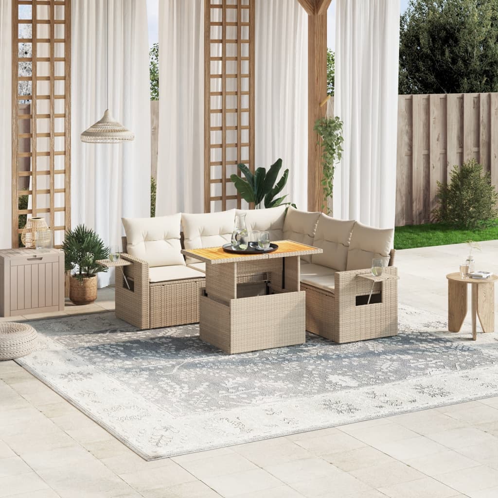 6 Pcs conjunto de sofás p/ jardim com almofadões vime PE bege