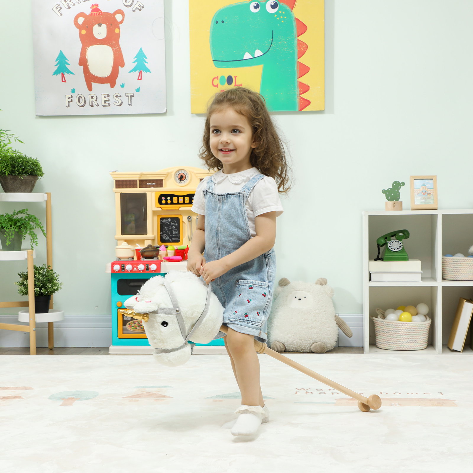 Cavalo com pau de madeira design unicórnio sons e rodas cavalo de brinquedo 95x25x27 cm branco