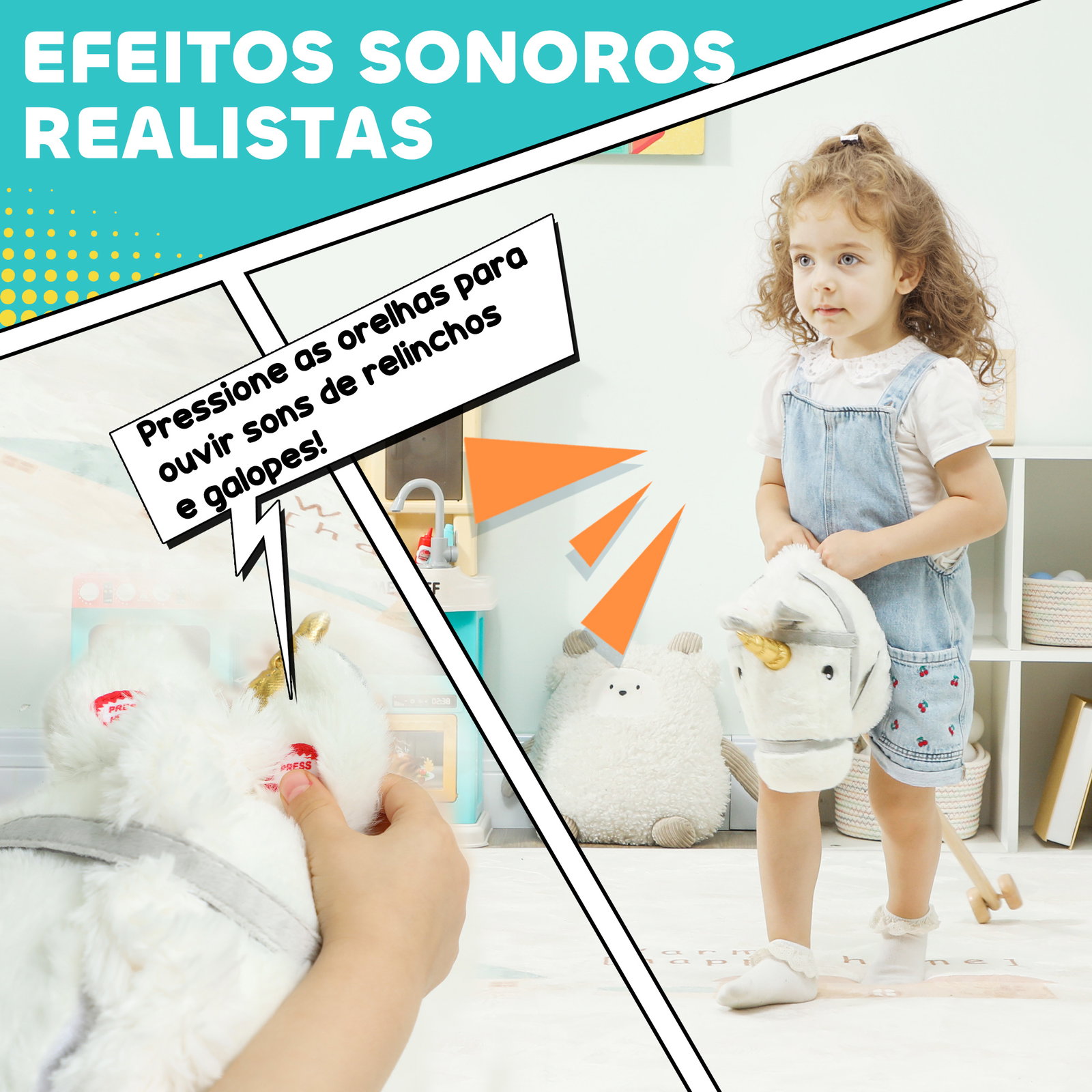 Cavalo com pau de madeira design unicórnio sons e rodas cavalo de brinquedo 95x25x27 cm branco