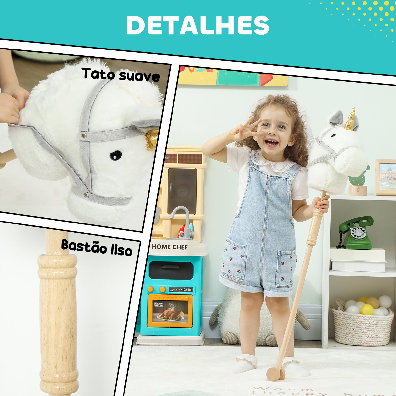 Cavalo com pau de madeira design unicórnio sons e rodas cavalo de brinquedo 95x25x27 cm branco