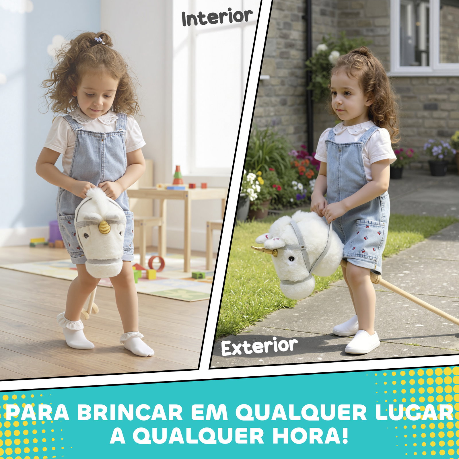 Cavalo com pau de madeira design unicórnio sons e rodas cavalo de brinquedo 95x25x27 cm branco