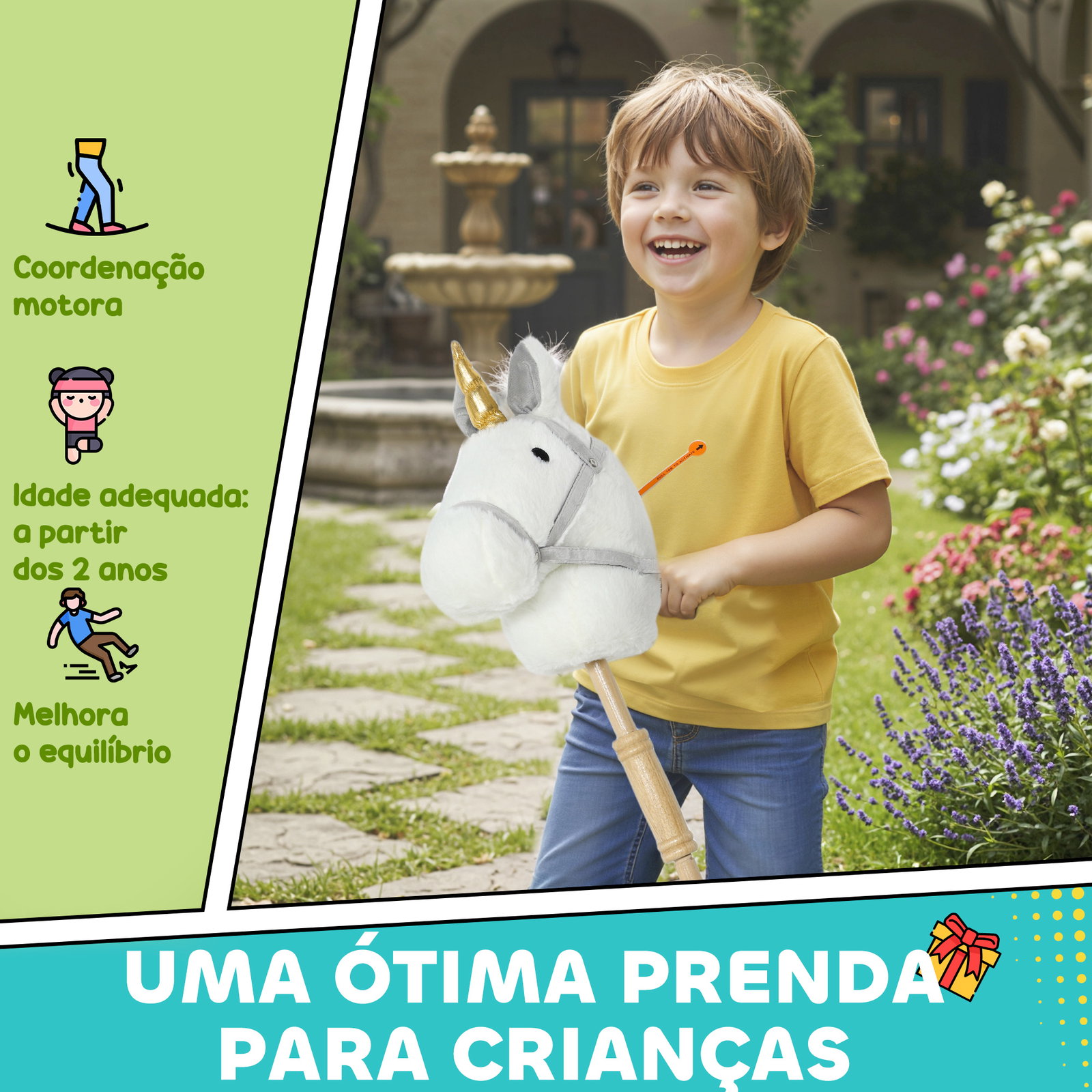 Cavalo com pau de madeira design unicórnio sons e rodas cavalo de brinquedo 95x25x27 cm branco
