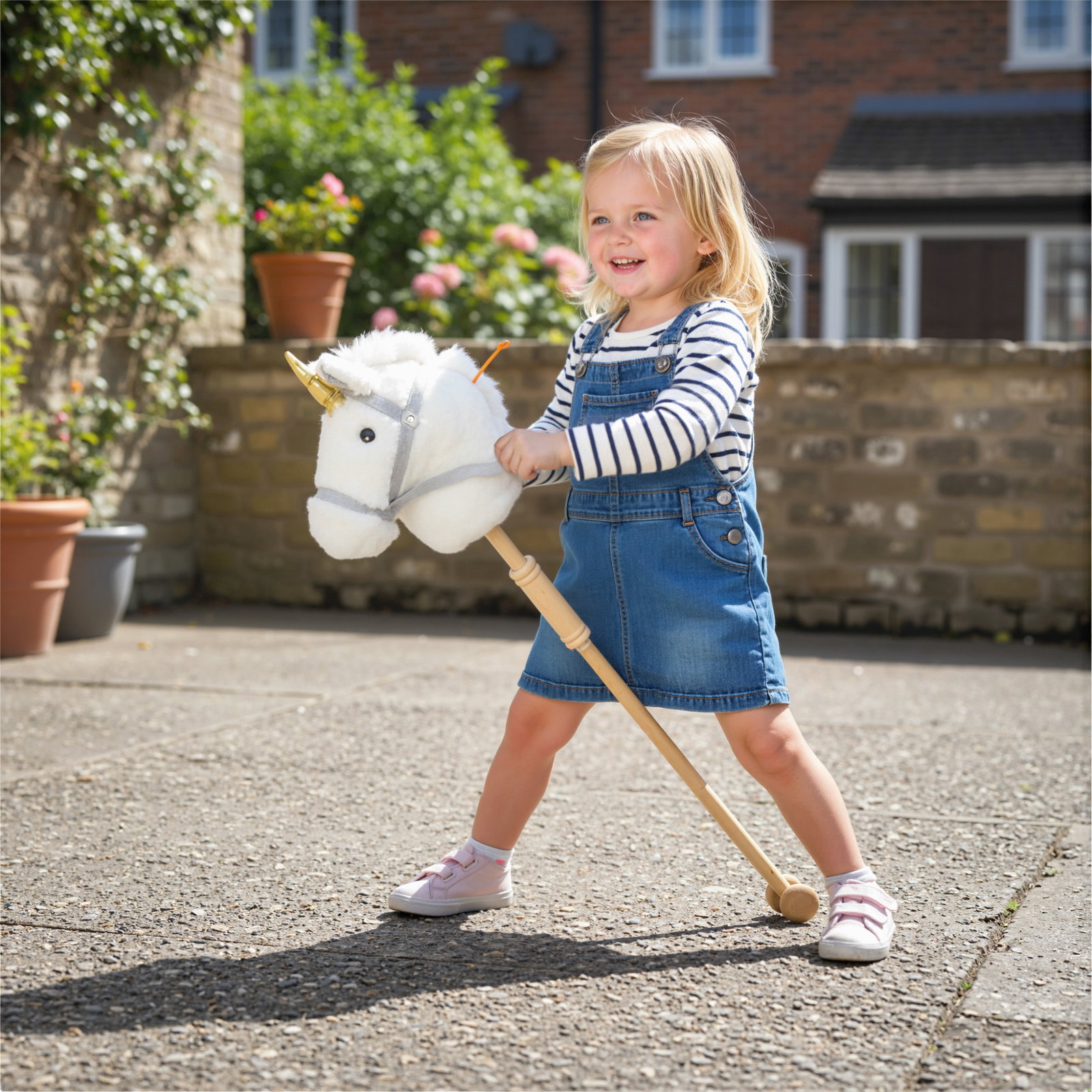 Cavalo com pau de madeira design unicórnio sons e rodas cavalo de brinquedo 95x25x27 cm branco