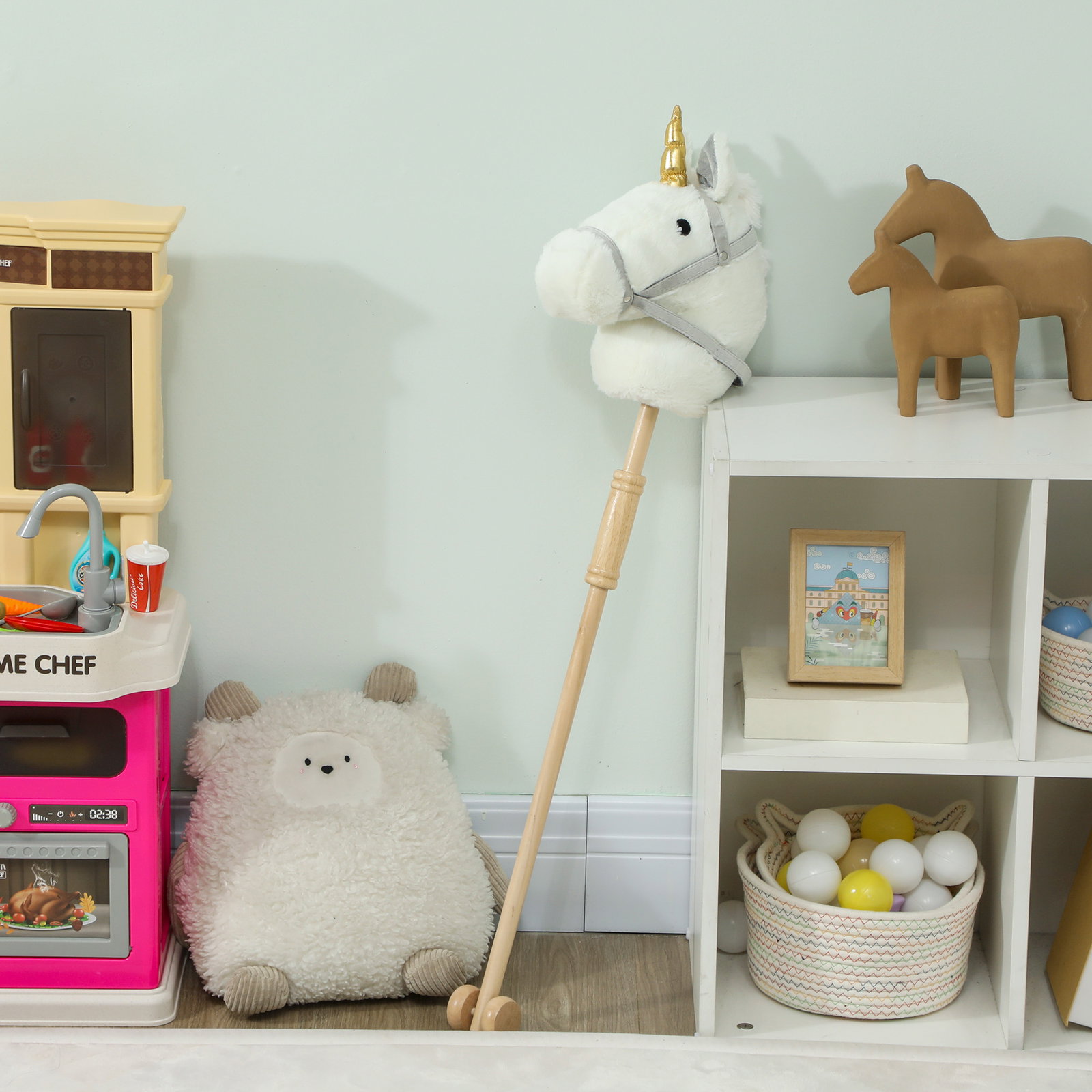 Cavalo com pau de madeira design unicórnio sons e rodas cavalo de brinquedo 95x25x27 cm branco
