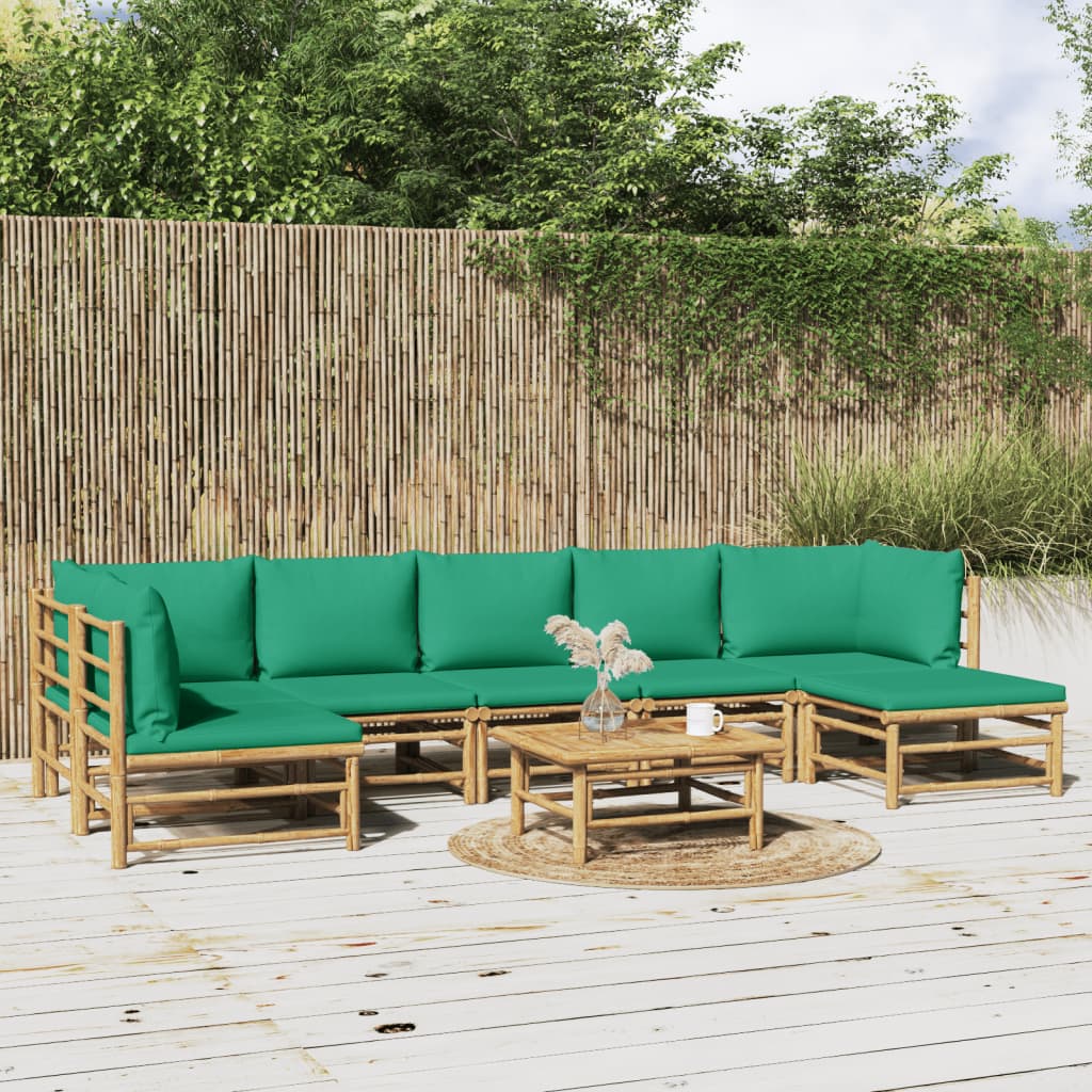 8 Pcs conjunto lounge de jardim bambu c/ almofadões verdes