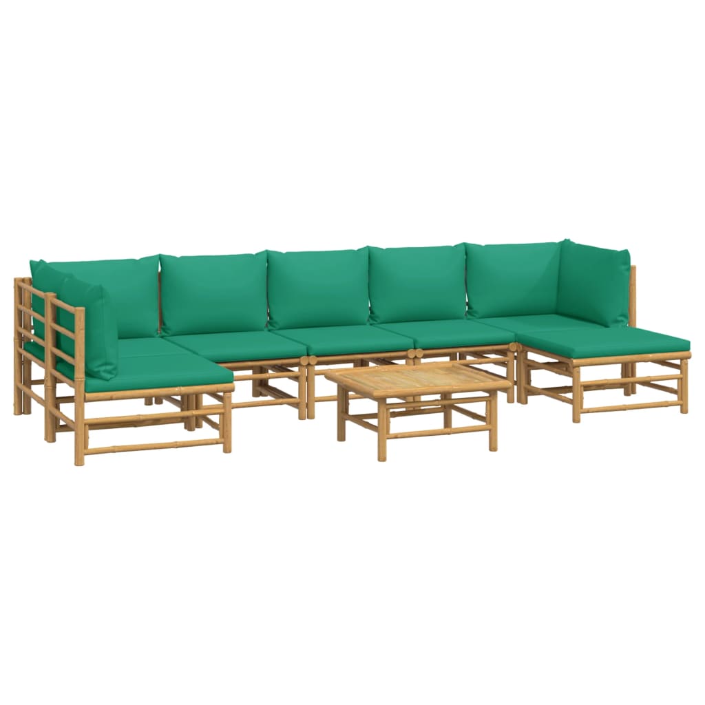 8 Pcs conjunto lounge de jardim bambu c/ almofadões verdes