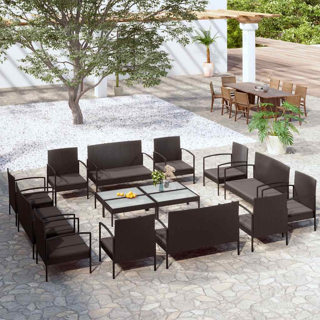 16 Pcs conjunto lounge de jardim c/ almofadões vime PE preto