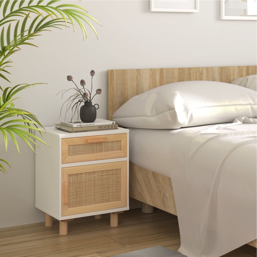 Mesas de cabeceira 2 pcs pinho maciço e vime natural branco