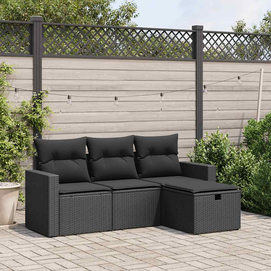 4 Pcs conjunto de sofás para jardim c/ almofadões vime PE preto