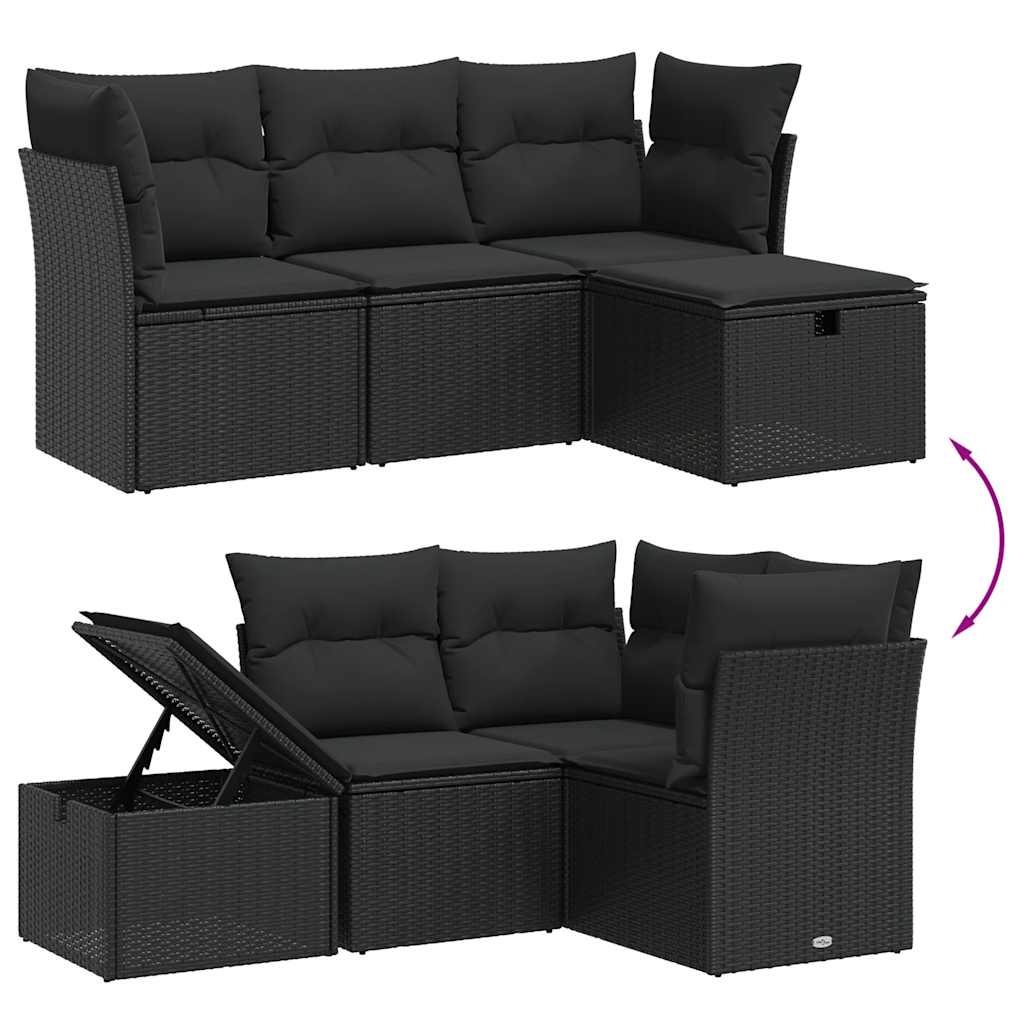 4 Pcs conjunto de sofás para jardim c/ almofadões vime PE preto