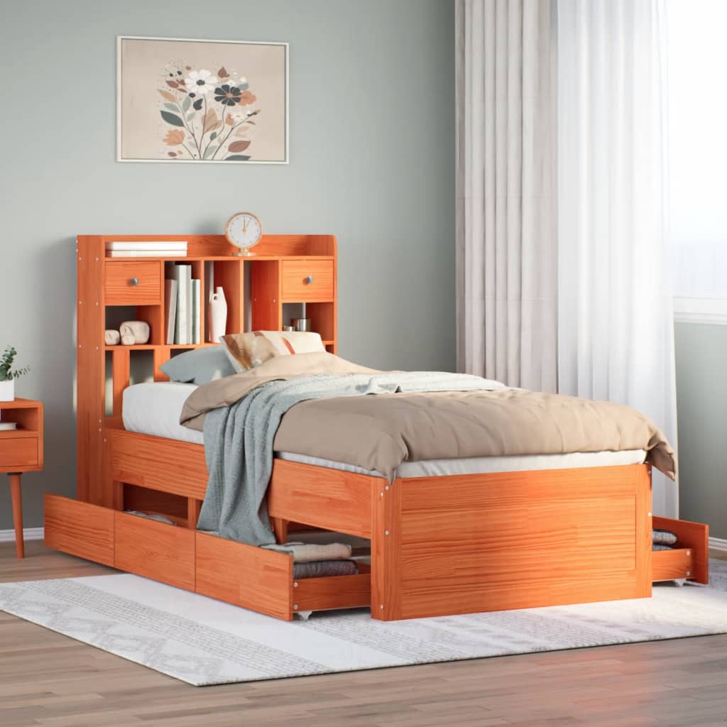 Cama com estante sem colchão 75x190cm pinho maciço castanho-mel