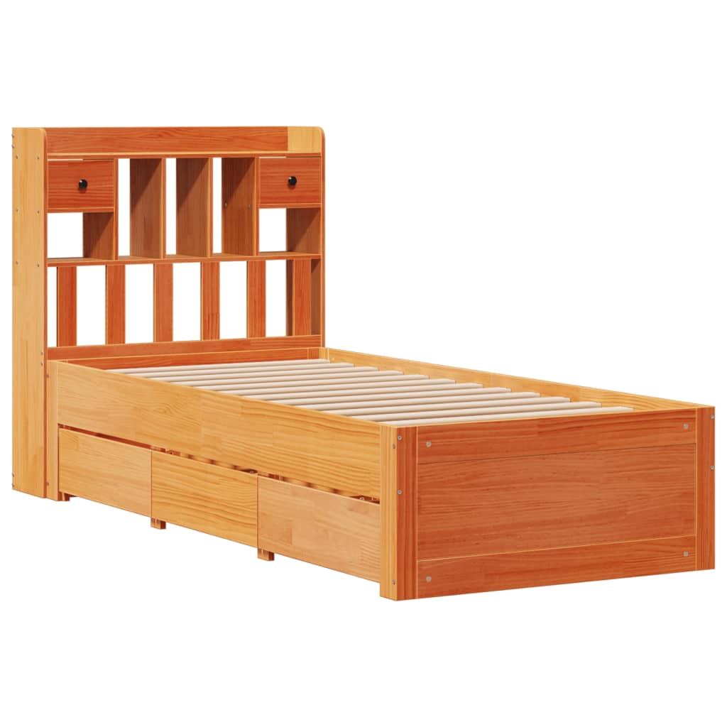 Cama com estante sem colchão 75x190cm pinho maciço castanho-mel