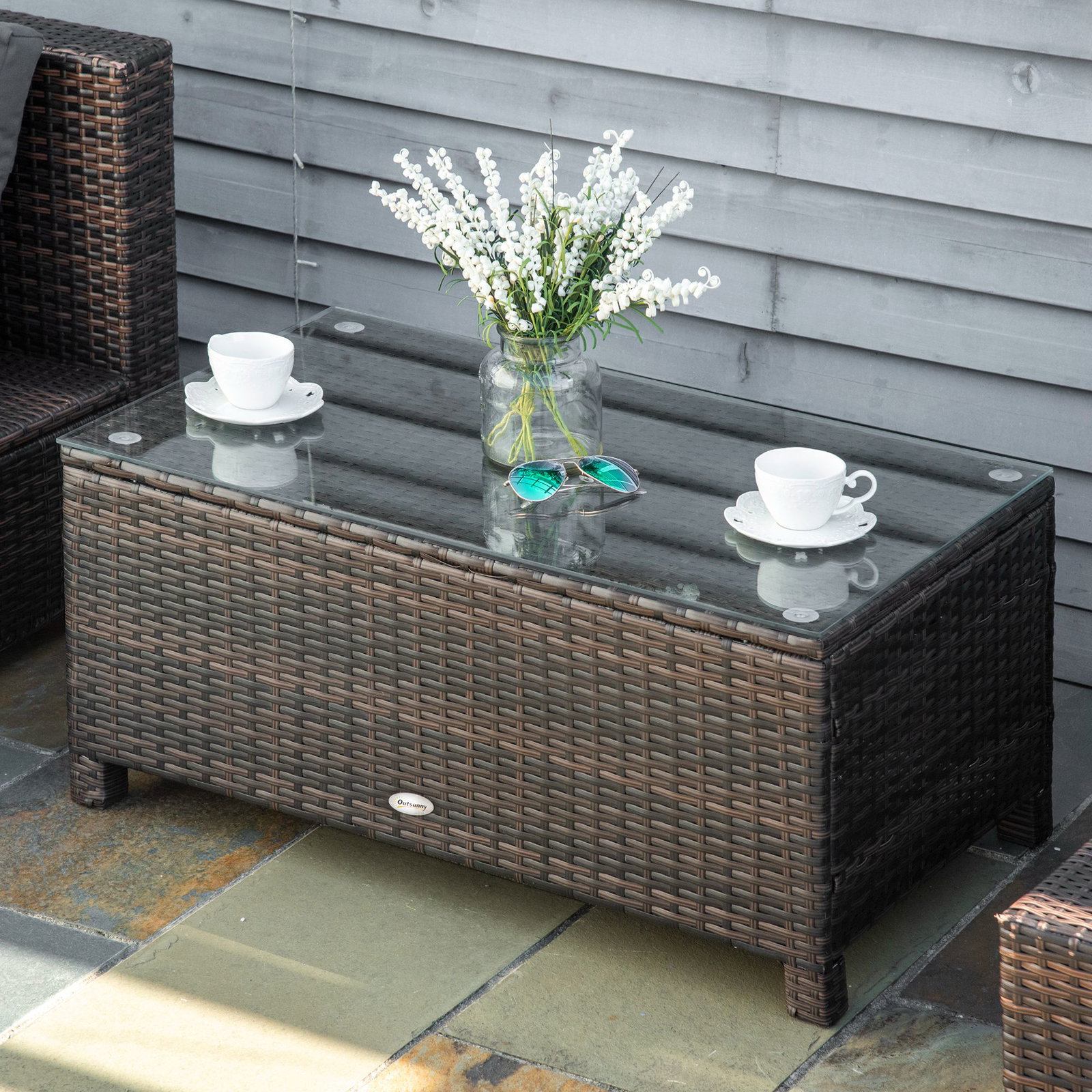 Mesa de centro jardim de vime sintético mesa de apoio para exterior com vidro temperado 85x50x39 cm marrom